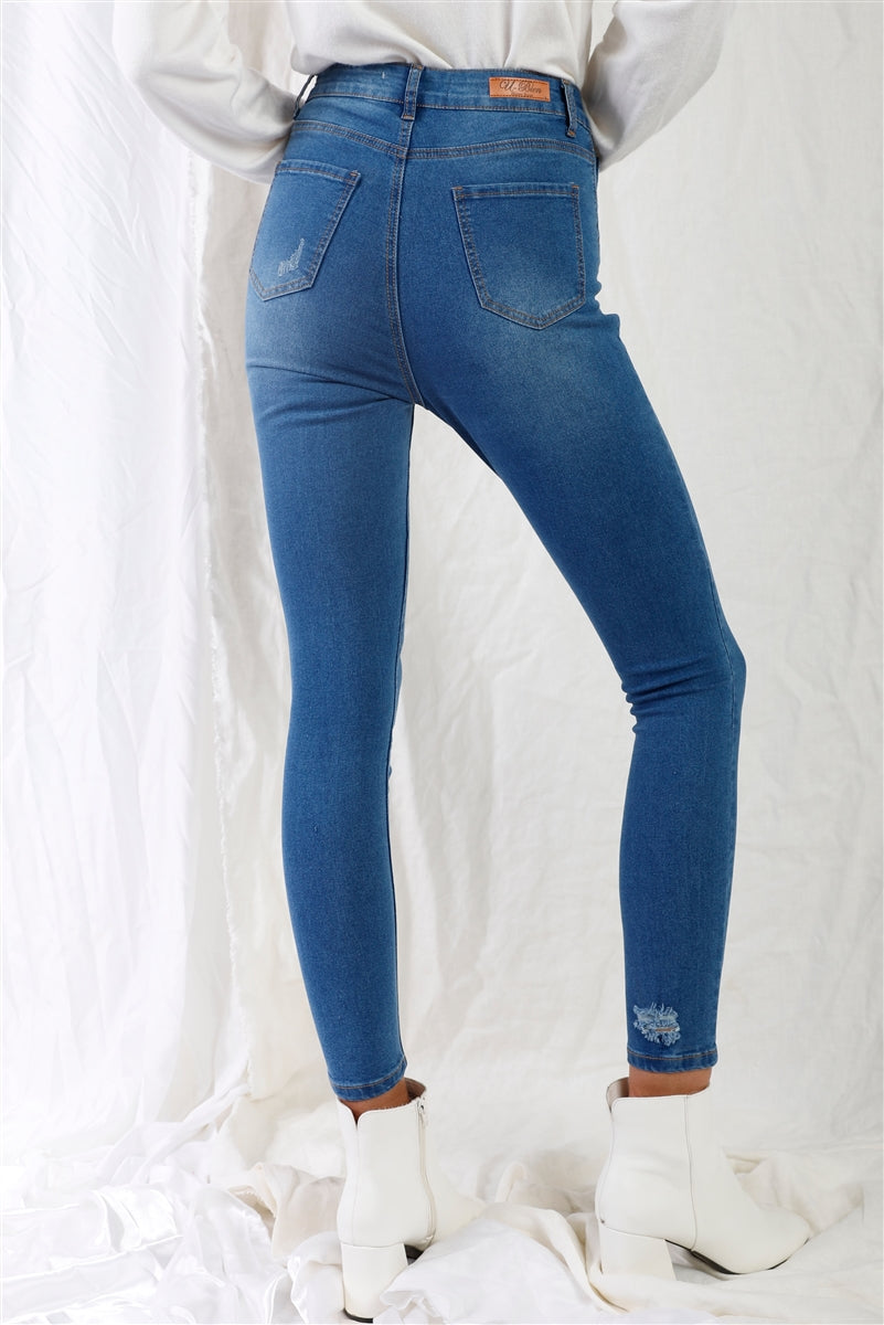 Mid Blue High-waisted With Rips Skinny Denim Jeans - Tigbul's Variety Fashion Shop
