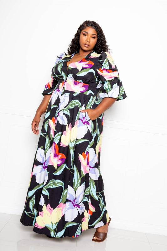 Plus Size Floral Puff Sleeve Button Front Dress | Tigbul's Variety Fashion