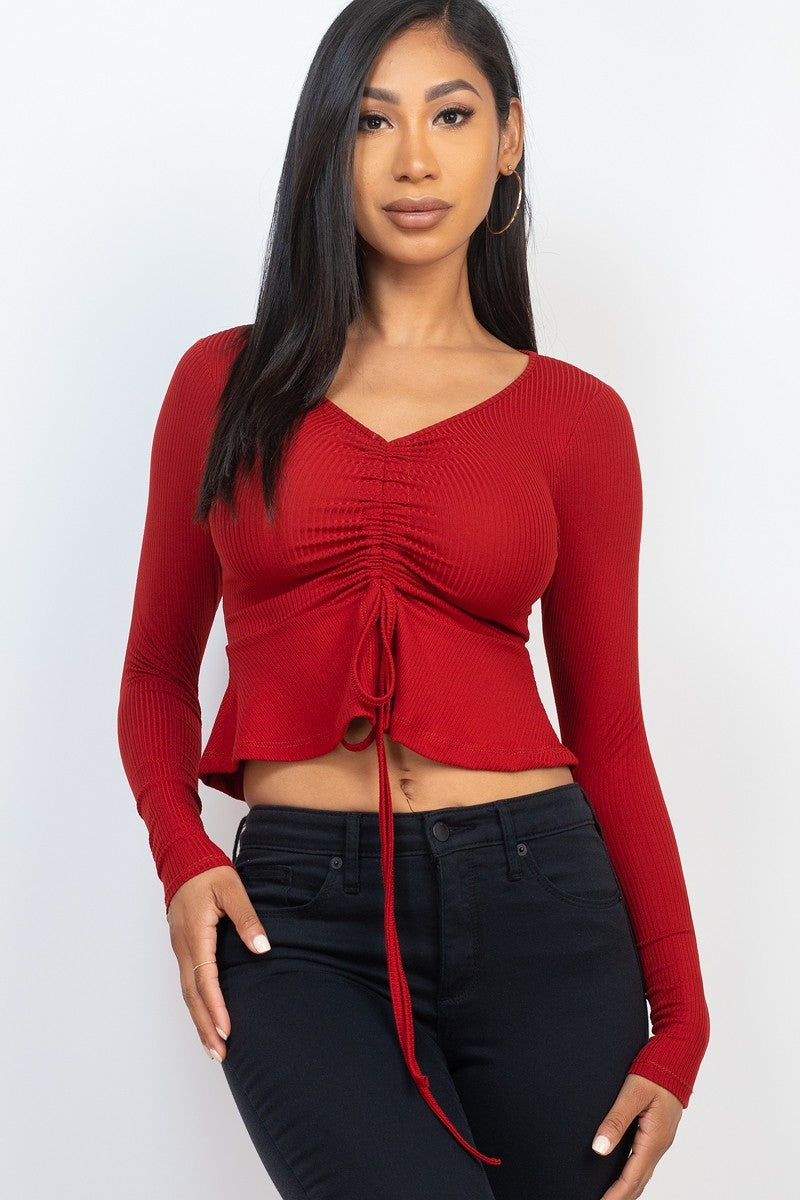 Ribbed Drawstring Front Long Sleeve Peplum Top - Tigbul's Fashion