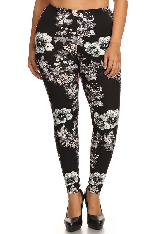 Plus Size Floral Graphic Printed Jersey Knit Legging With Elastic Waistband Detail - Tigbuls Variety Fashion