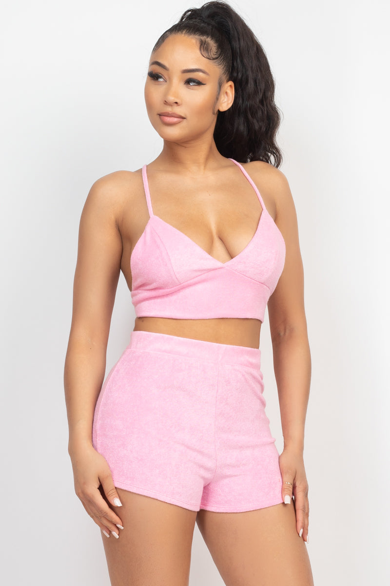 Terry Towel Bralette Top & Mini Shorts Set - Tigbul's Fashion
