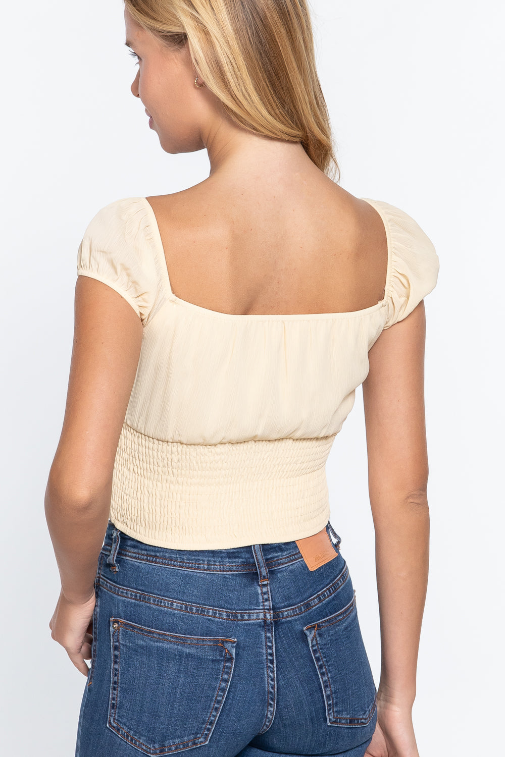 Short Sleeve Front Tie Ruched Detail Woven Top Yellow - Tigbul's Variety Fashion Shop