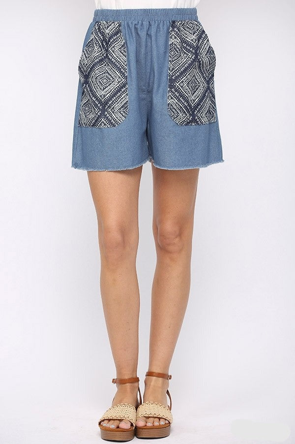 Denim And Print Pockets Elastic Waist Shorts With Raw Hem - Tigbul's Variety Fashion Shop