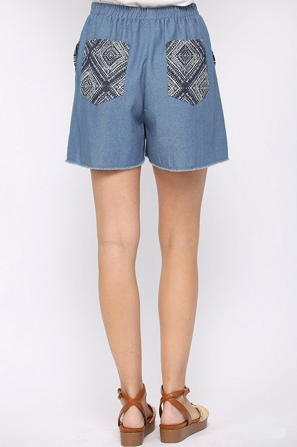 Denim And Print Pockets Elastic Waist Shorts With Raw Hem - Tigbul's Variety Fashion Shop