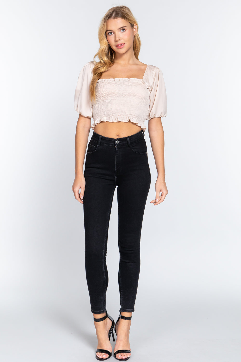 Elbow Sleeve Straight Neck Smocking W/ruffle Detail Woven Top - Tigbuls Variety Fashion