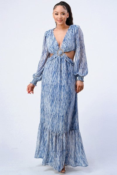 Printed V Neck Self Belted Side Cut Out Ruffled Maxi Dress - Tigbul's Fashion