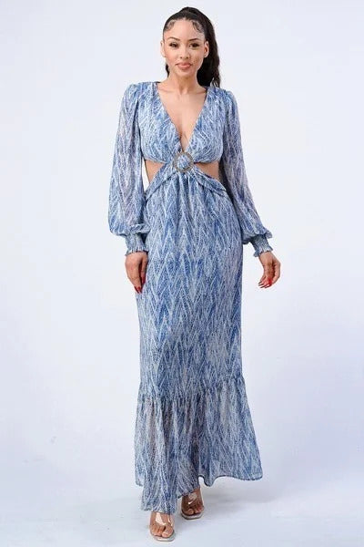 Printed V Neck Self Belted Side Cut Out Ruffled Maxi Dress - Tigbul's Fashion