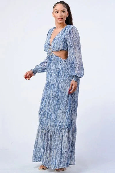 Printed V Neck Self Belted Side Cut Out Ruffled Maxi Dress - Tigbul's Fashion