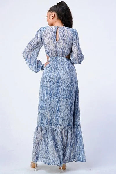 Printed V Neck Self Belted Side Cut Out Ruffled Maxi Dress - Tigbul's Fashion