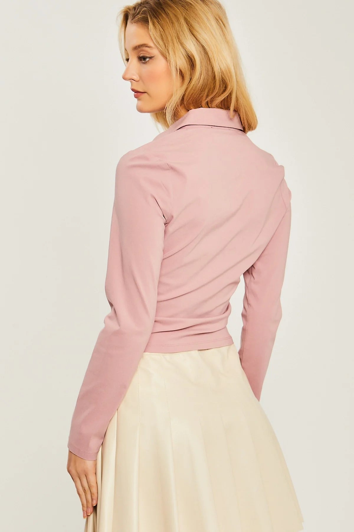 Woven Solid Ruched Front Long Sleeve - Tigbuls Variety Fashion