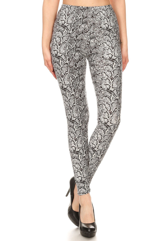 Snakeskin Print, Full Length, High Waisted Leggings In A Fitted Style With An Elastic Waistband - Tigbul's Fashion