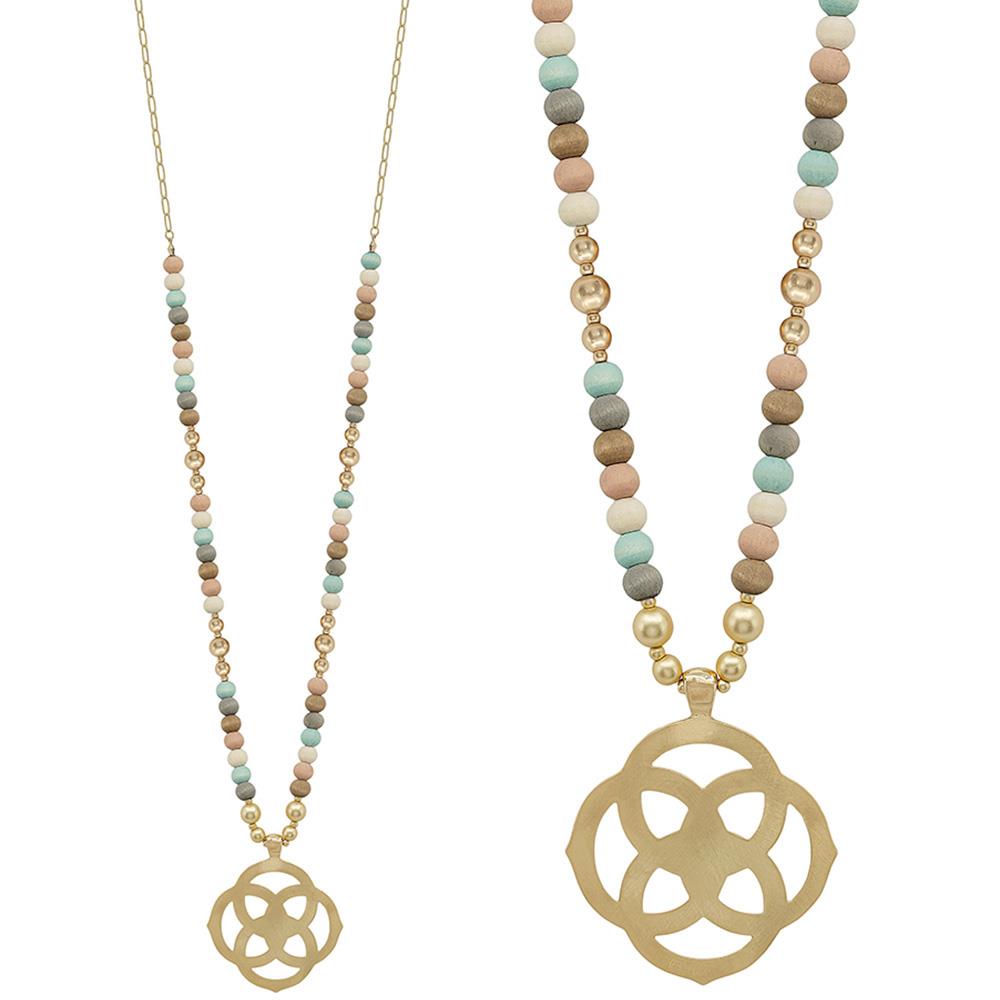 Flower Geometric Pendant Wood Bead Necklace - Tigbul's Fashion