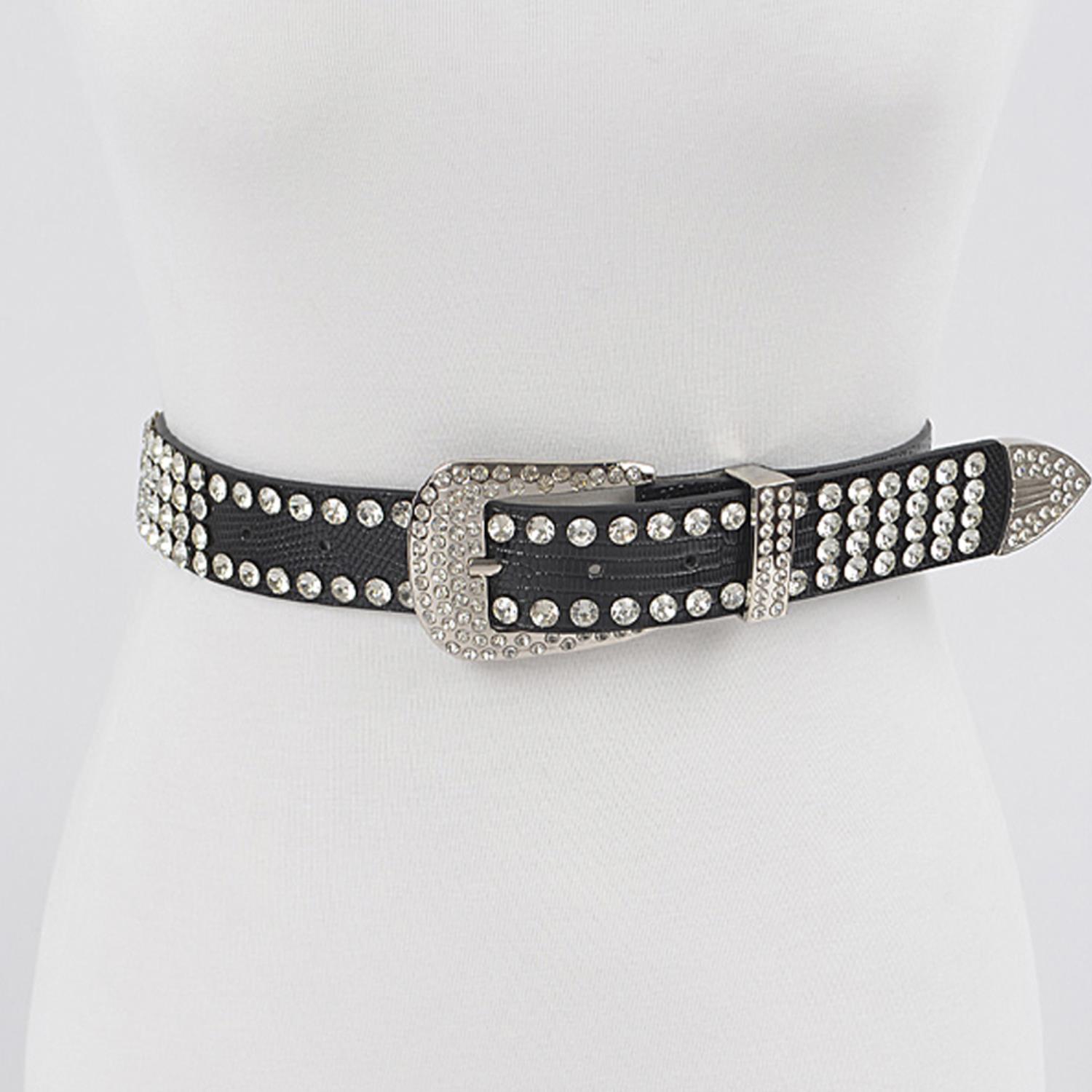 Rhinestone Studded Black Poly Belt - Tigbul's Variety Fashion Shop