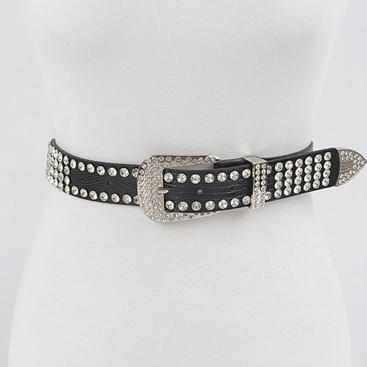 Rhinestone Studded Black Poly Belt - Tigbul's Variety Fashion Shop