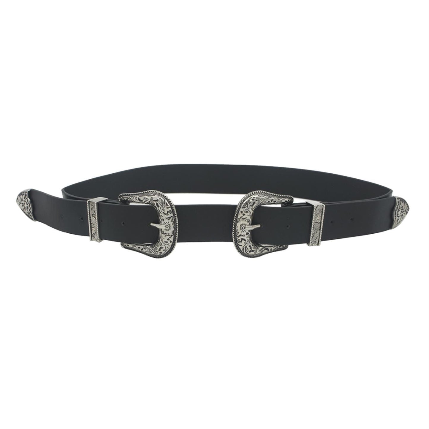 Floral Embossed Double Buckle Western Belt, Black - Tigbul's Variety Fashion Shop