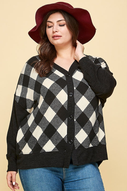 Plus Size Buffalo Plaid Knit Button Up Oversize Cardigan - Tigbuls Variety Fashion