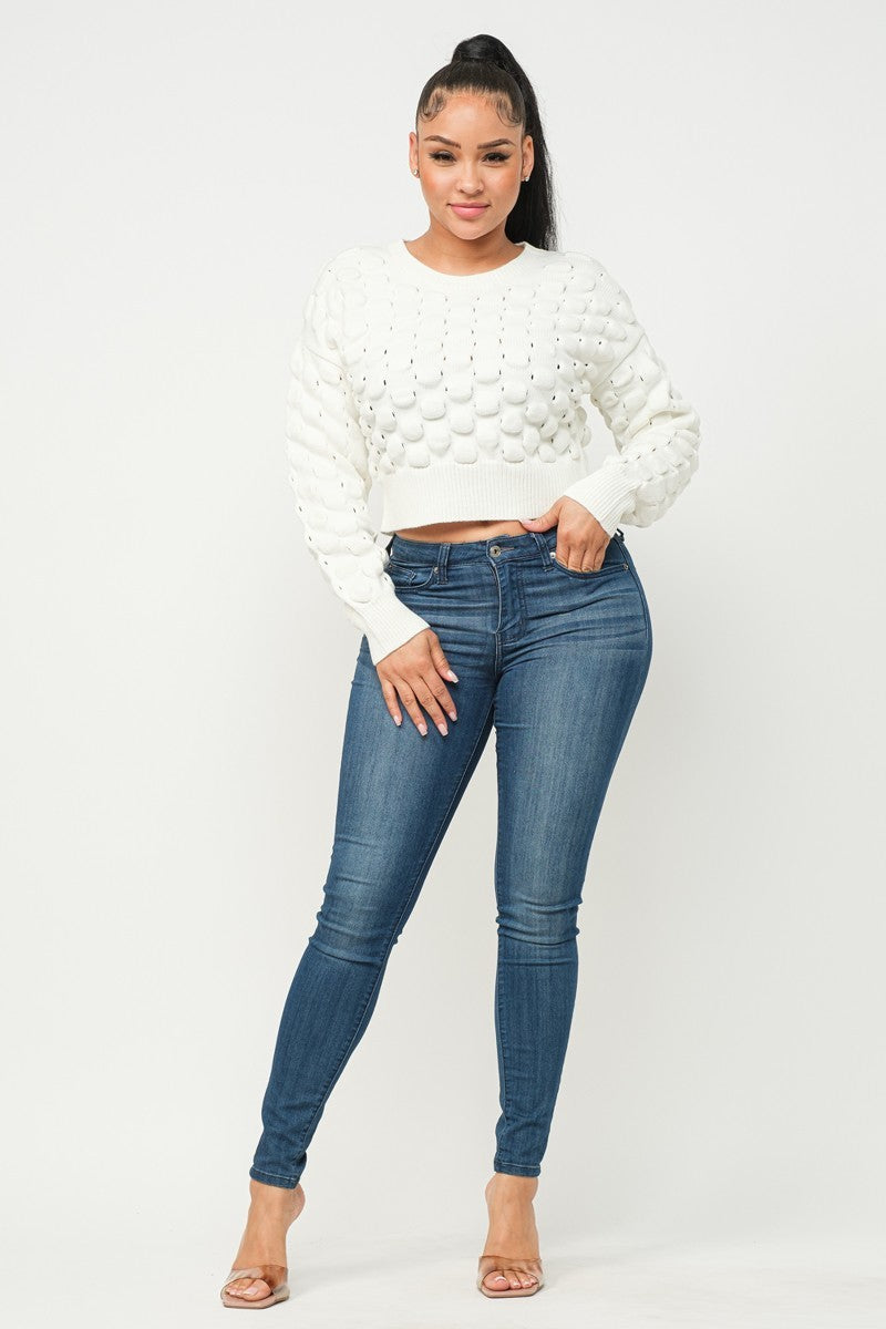 Solid Cream Color Checkered Sweater Top - Tigbuls Variety Fashion