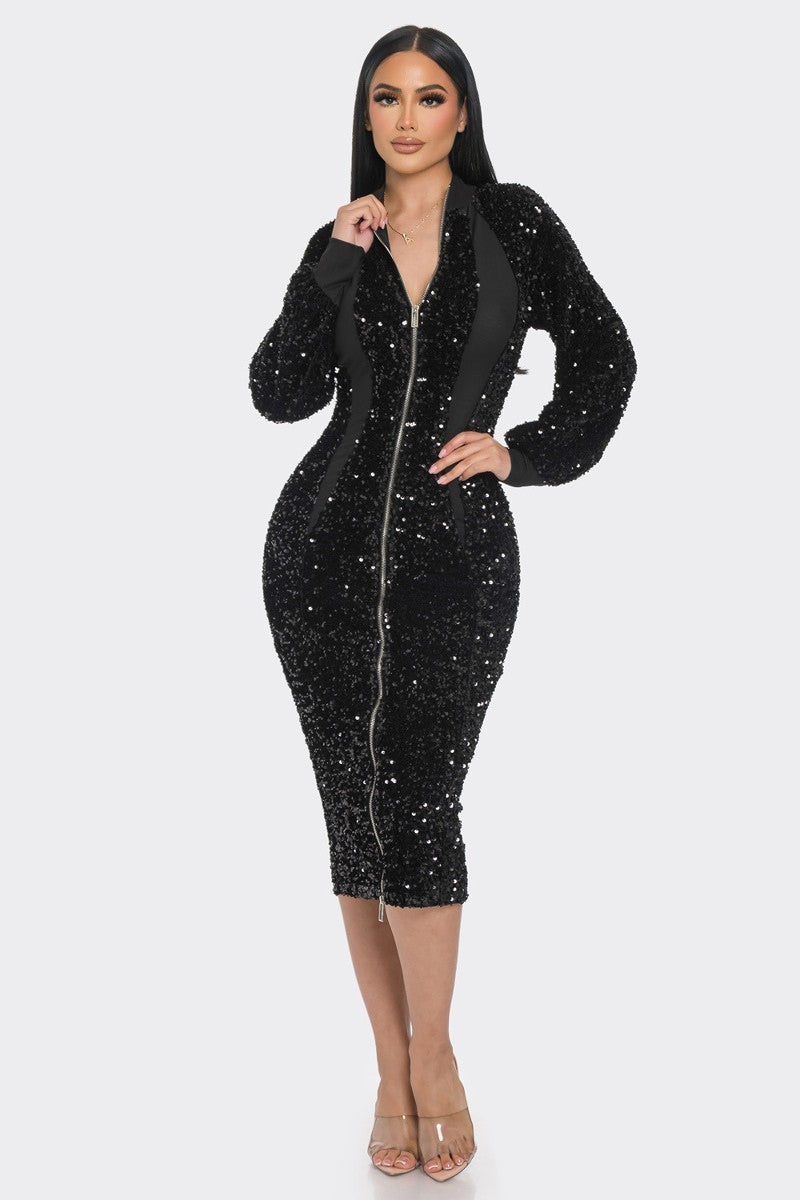 Midi 2 Way Zip Up Sequin Contrast Dress - Tigbuls Variety Fashion