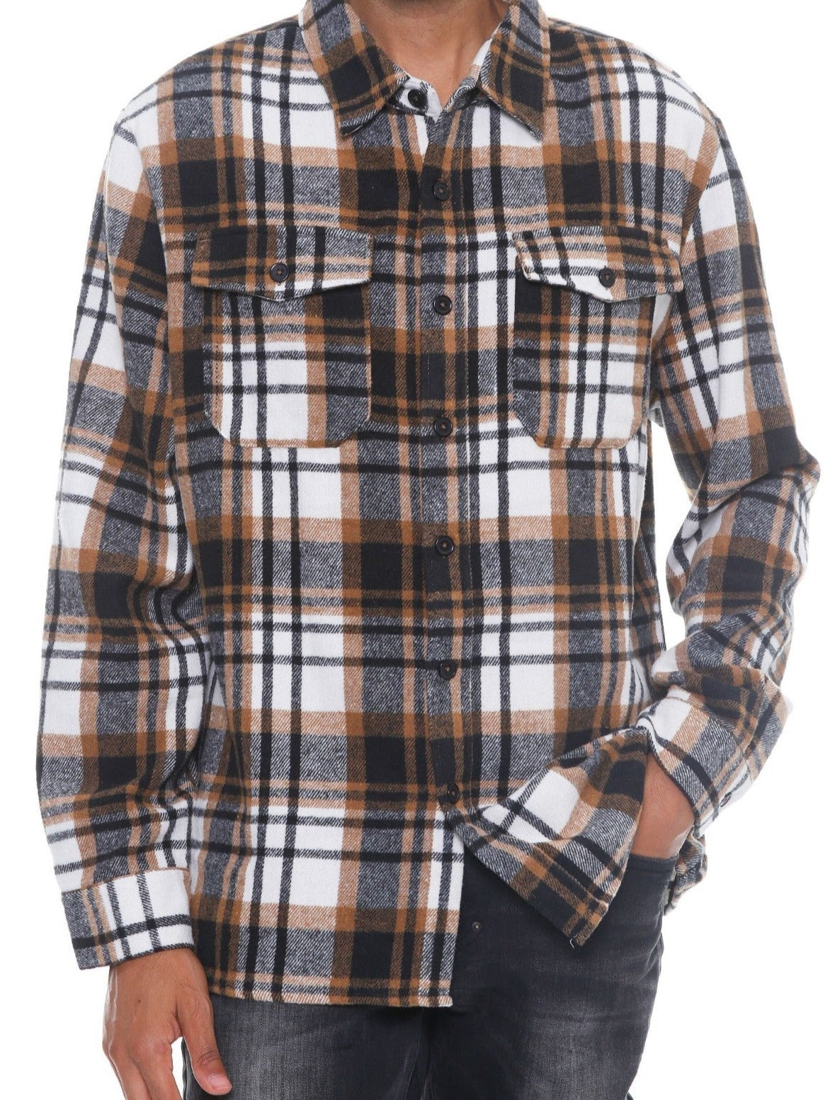 Men's Plaid Soft Flannel Shirt in Khaki - Tigbul's Variety Fashion Shop