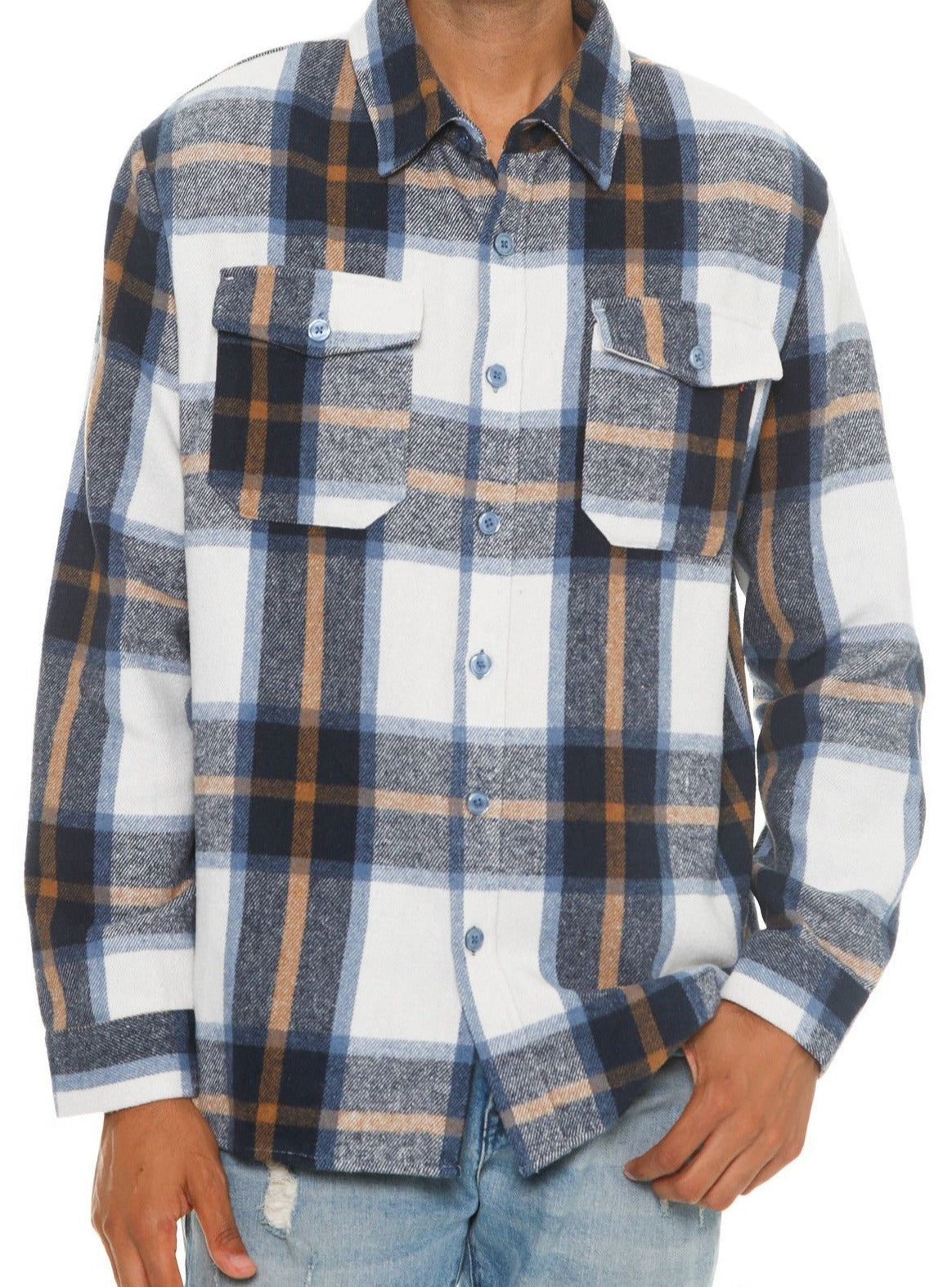 Men's Blue/Gold Plaid Soft Flannel Shirt - Tigbul's Variety Fashion Shop