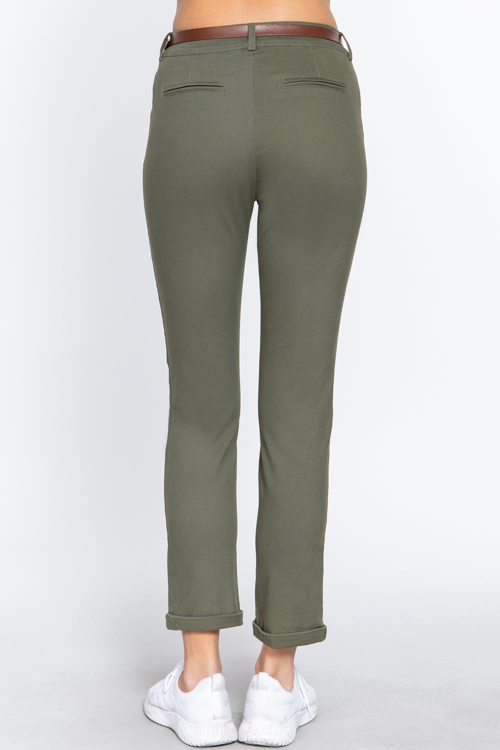 Green Cotton-span Twill Belted Long Pants - Tigbul's Variety Fashion Shop