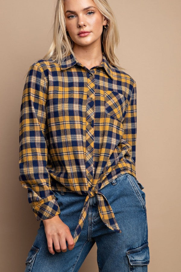 Tie Front Button Down Plaid Shirt With Front Pocket - Tigbuls Variety Fashion