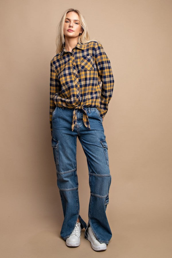 Tie Front Button Down Plaid Shirt With Front Pocket - Tigbuls Variety Fashion