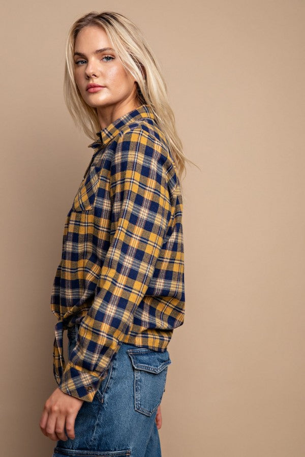 Tie Front Button Down Plaid Shirt With Front Pocket - Tigbuls Variety Fashion