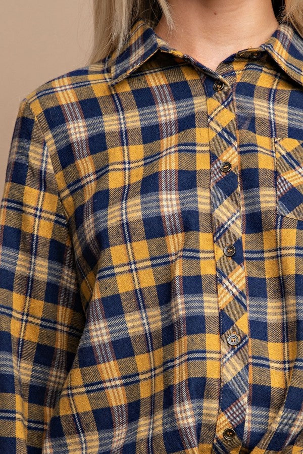 Tie Front Button Down Plaid Shirt With Front Pocket - Tigbuls Variety Fashion
