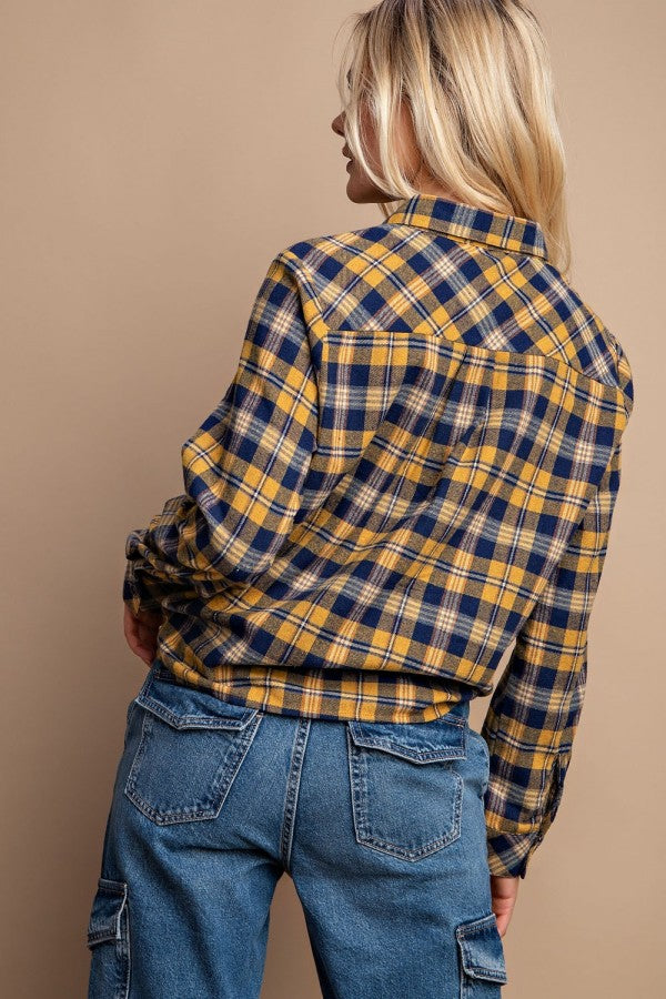 Tie Front Button Down Plaid Shirt With Front Pocket - Tigbuls Variety Fashion
