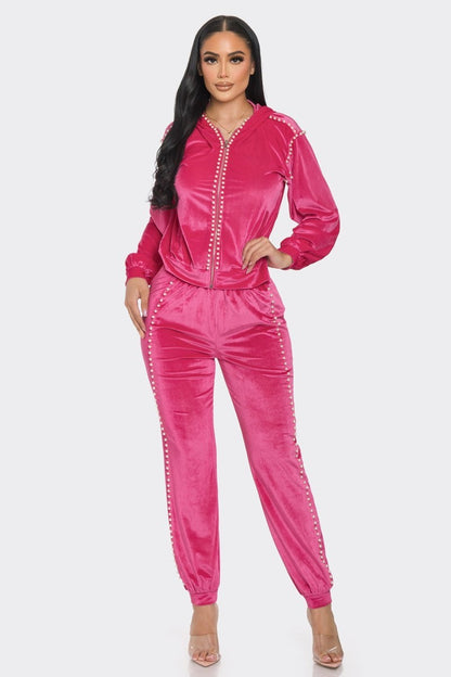 Hot Pink Jacket and Jogger Pant Set with Pearls - Tigbuls Variety Fashion