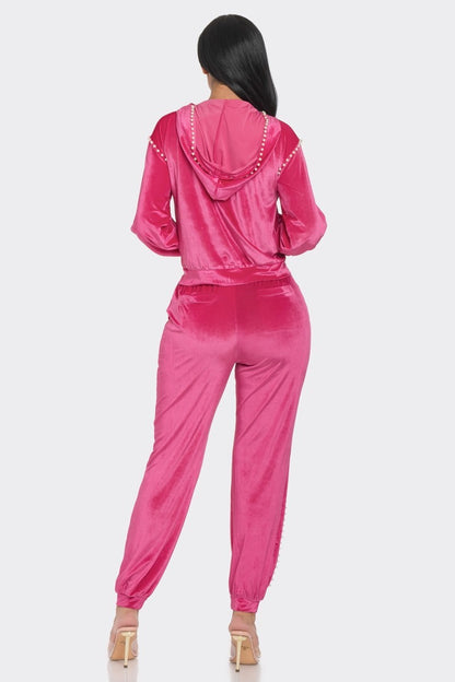 Hot Pink Jacket and Jogger Pant Set with Pearls - Tigbuls Variety Fashion