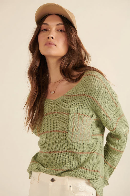 Green Striped Rib-knit Oversized Pocket Sweater - Tigbul's Variety Fashion Shop