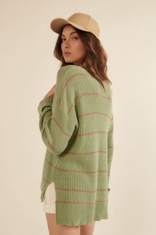Green Striped Rib-knit Oversized Pocket Sweater - Tigbul's Variety Fashion Shop