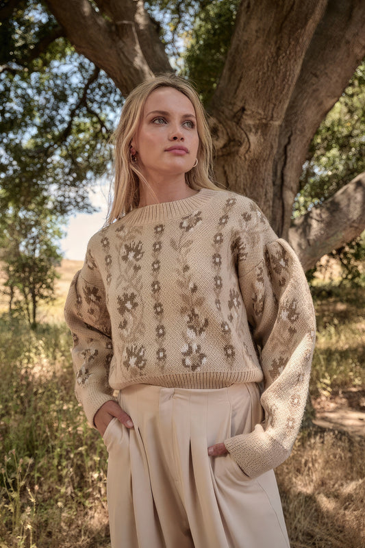 Floral Round Neck Long Sleeve Relax Fit Sweater - Tigbul's Variety Fashion Shop