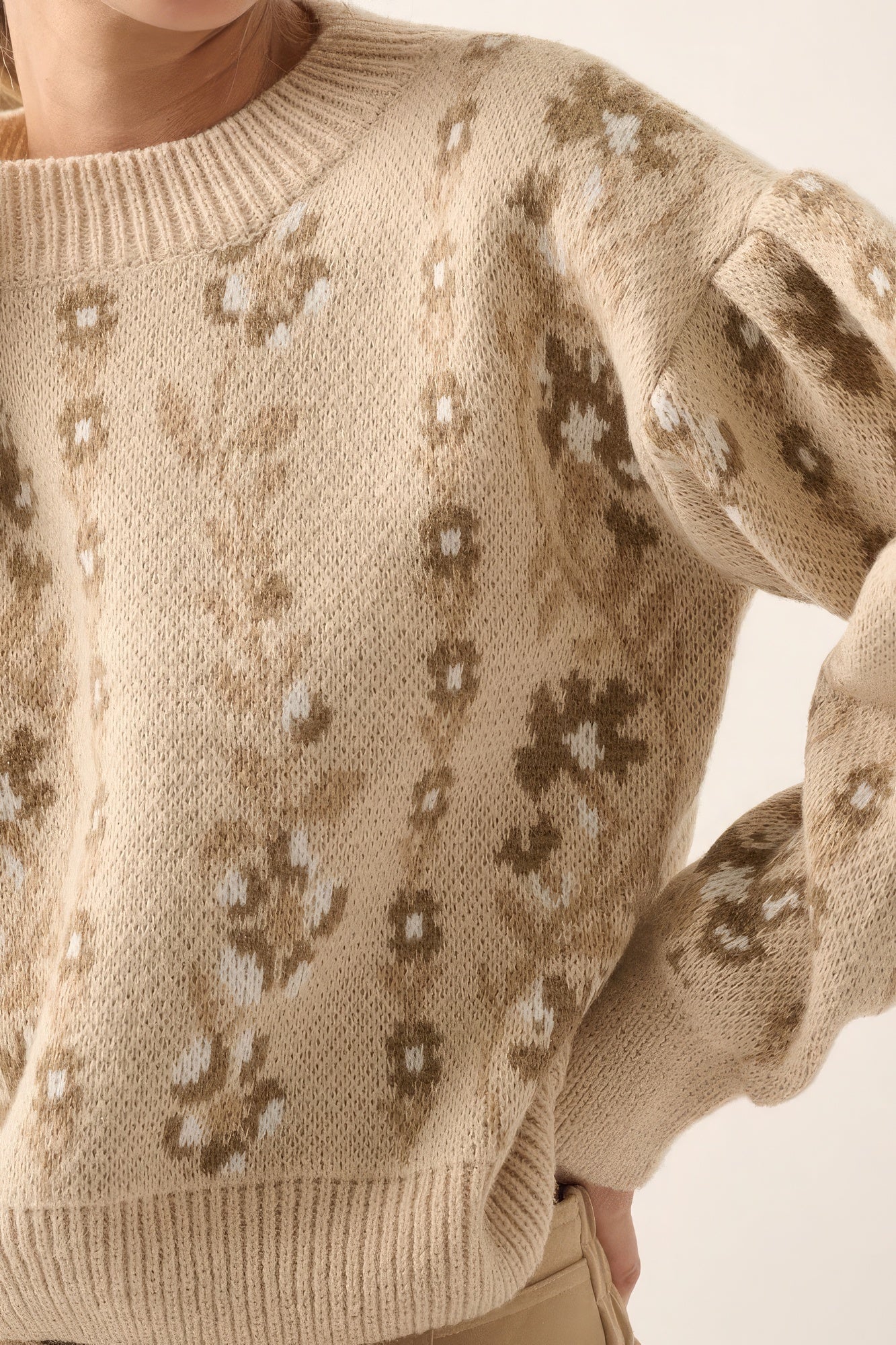 Floral Round Neck Long Sleeve Relax Fit Sweater - Tigbul's Variety Fashion Shop