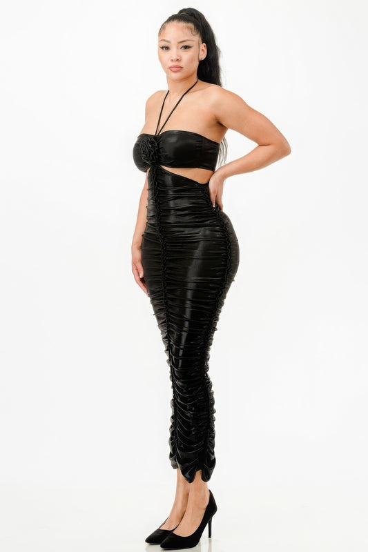 Black Metallic Ruched Halter Maxi Dress - Tigbuls Variety Fashion