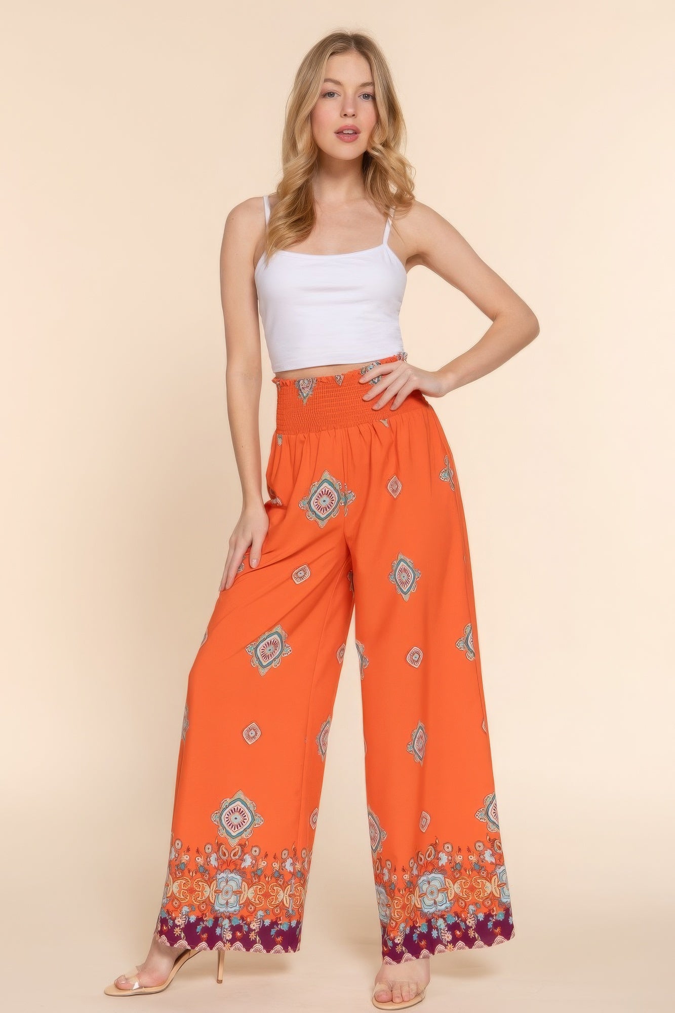 Wide Leg Border Print Woven Pants - Tigbul's Variety Fashion Shop