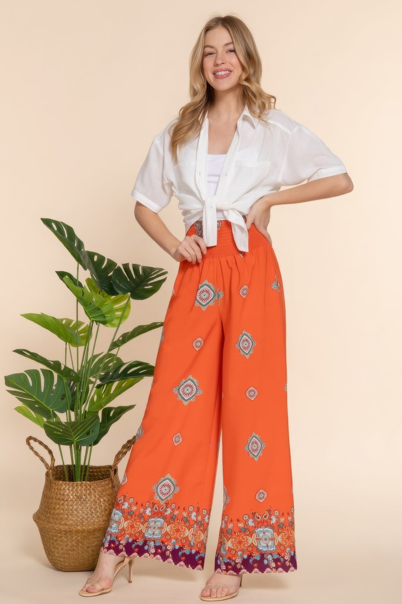 Wide Leg Border Print Woven Pants - Tigbul's Variety Fashion Shop