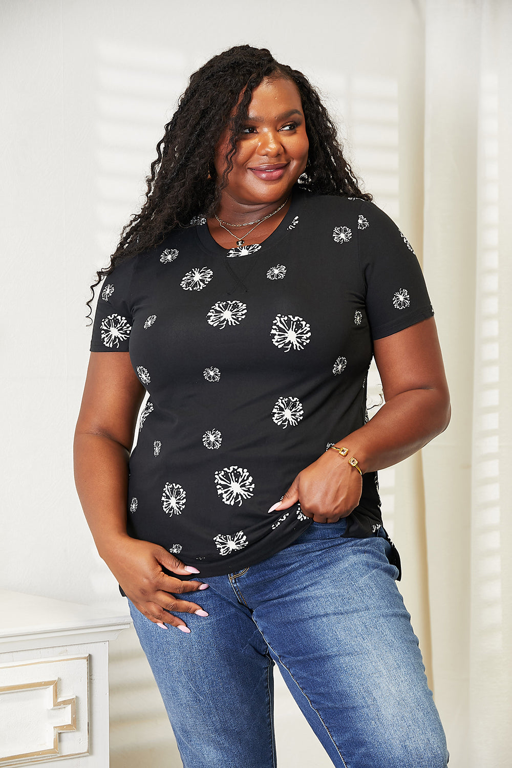 Double Take Dandelion Print Round Neck T-Shirt - Tigbuls Variety Fashion