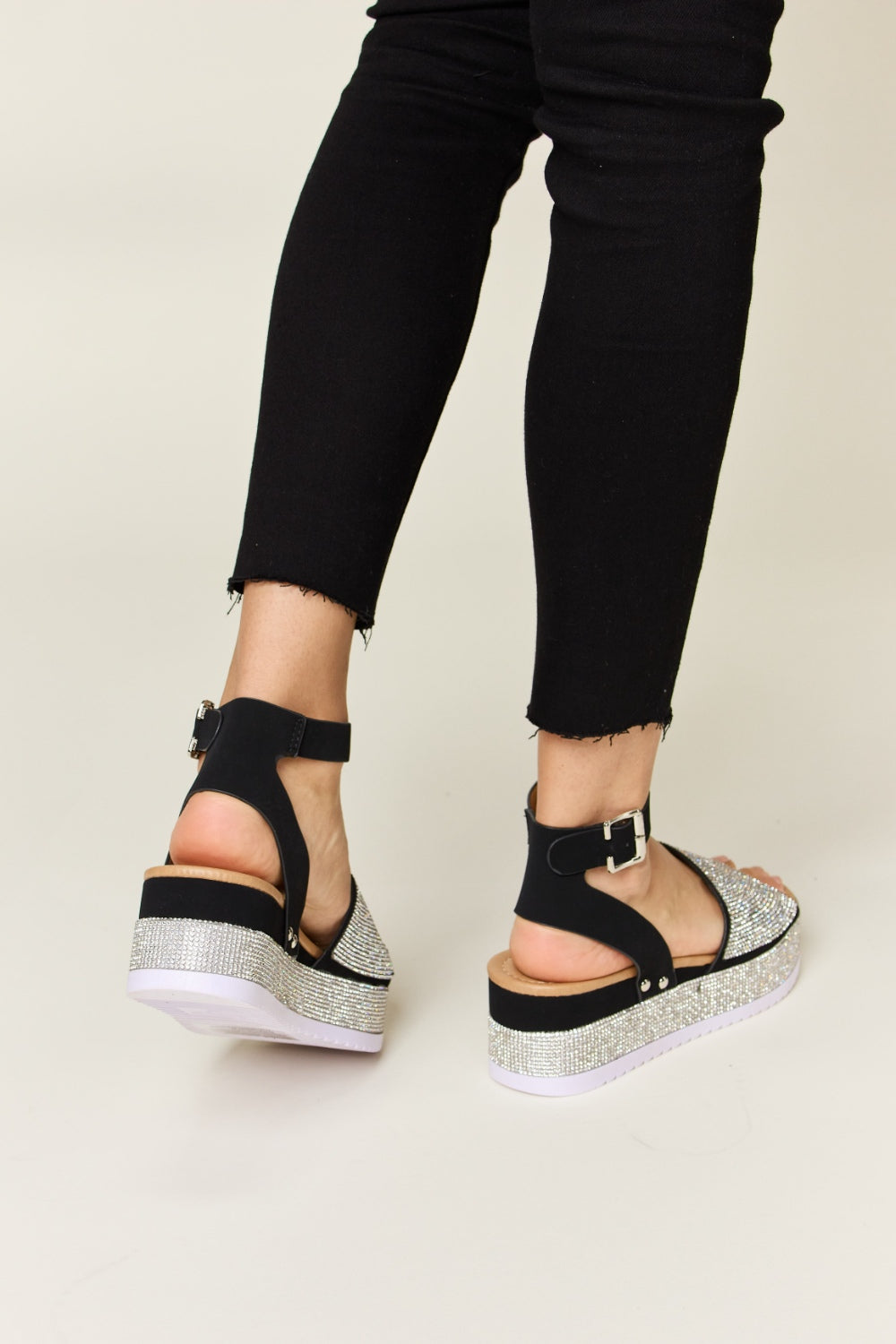 Black Rhinestone Buckle Strappy Wedge Sandals - Tigbul's Variety Fashion Shop