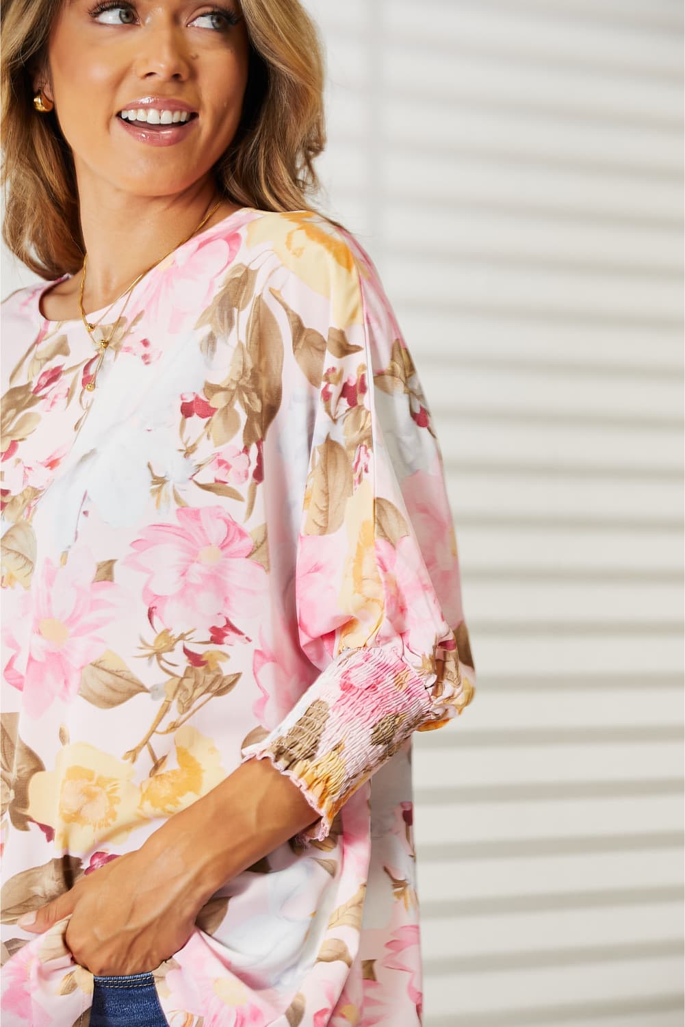 Double Take Floral Round Neck Three-Quarter Sleeve Top - Tigbuls Variety Fashion