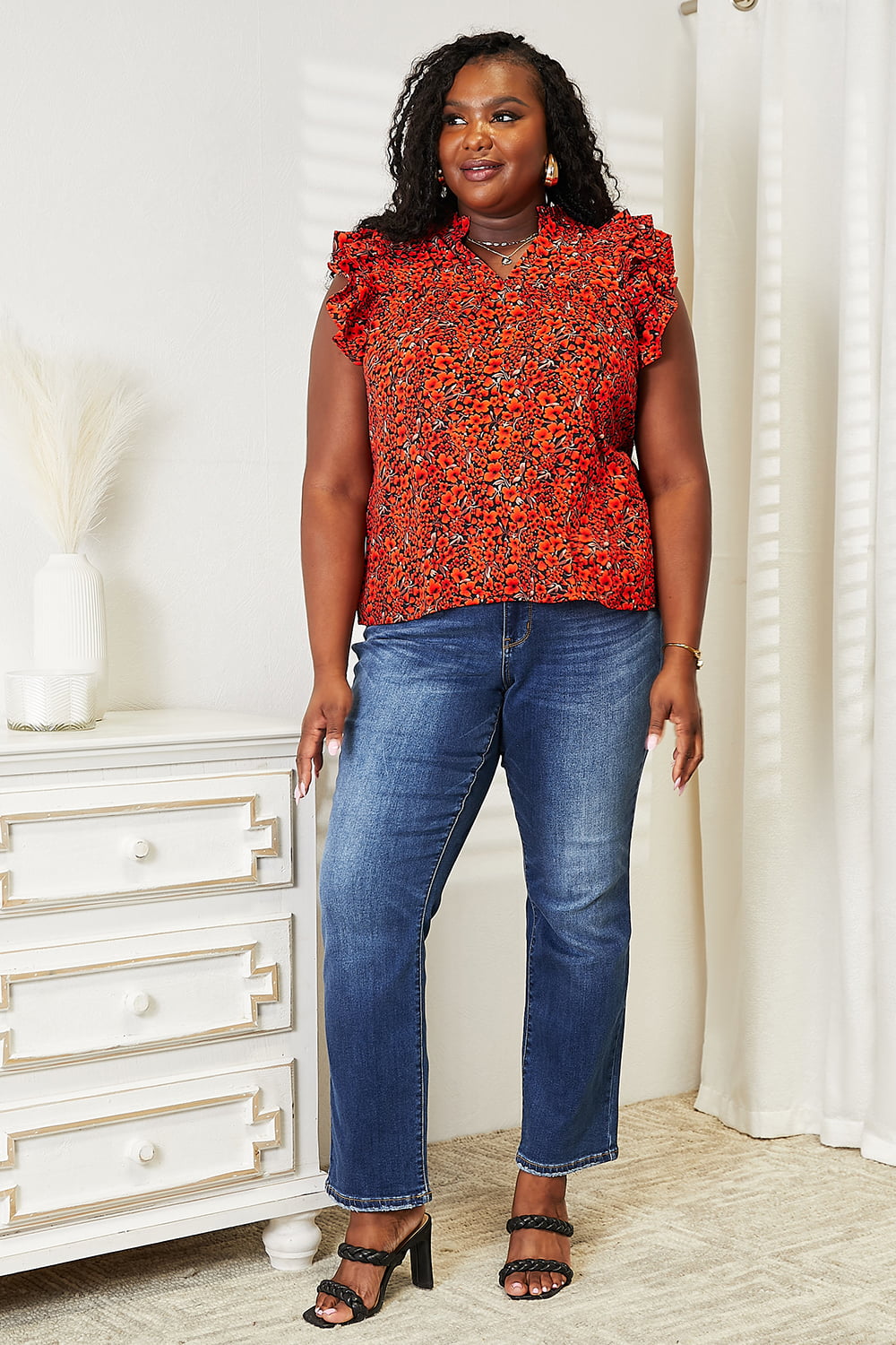 Double Take Floral Flutter Sleeve Notched Neck Blouse - Tigbuls Variety Fashion