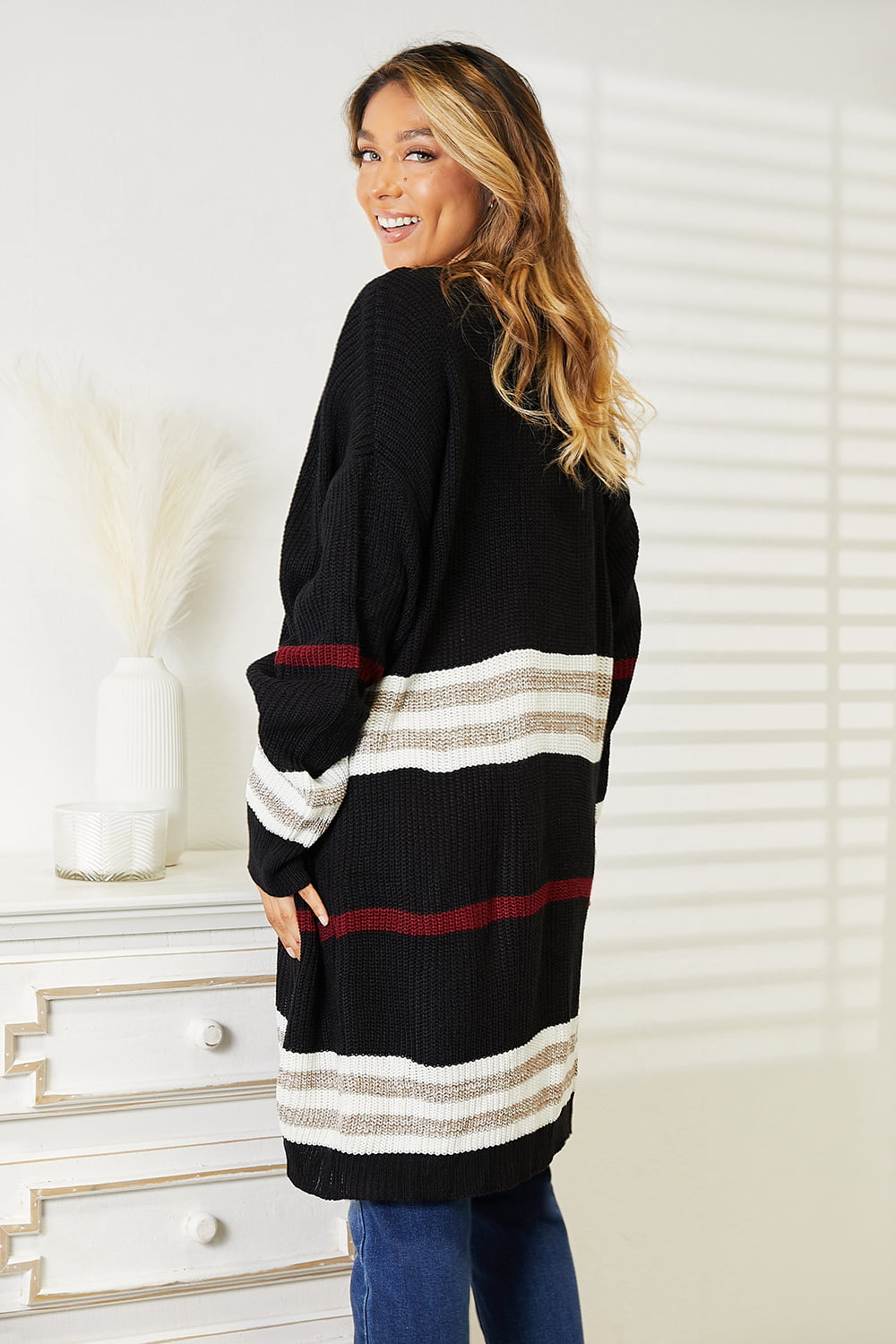 Double Take Striped Rib-Knit Drop Shoulder Open Front Cardigan - Tigbuls Variety Fashion
