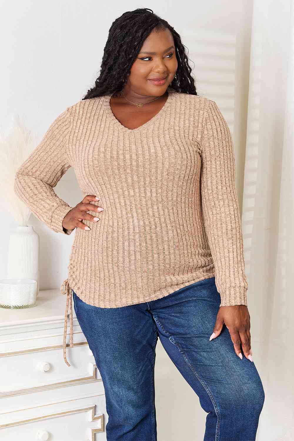 Double Take Drawstring Ribbed Long Sleeve T-Shirt - Tigbuls Variety Fashion