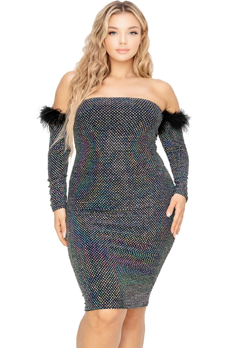 Plus Off Shoulder Feather Trim Detail Sequin Dress - Tigbul's Variety Fashion Shop