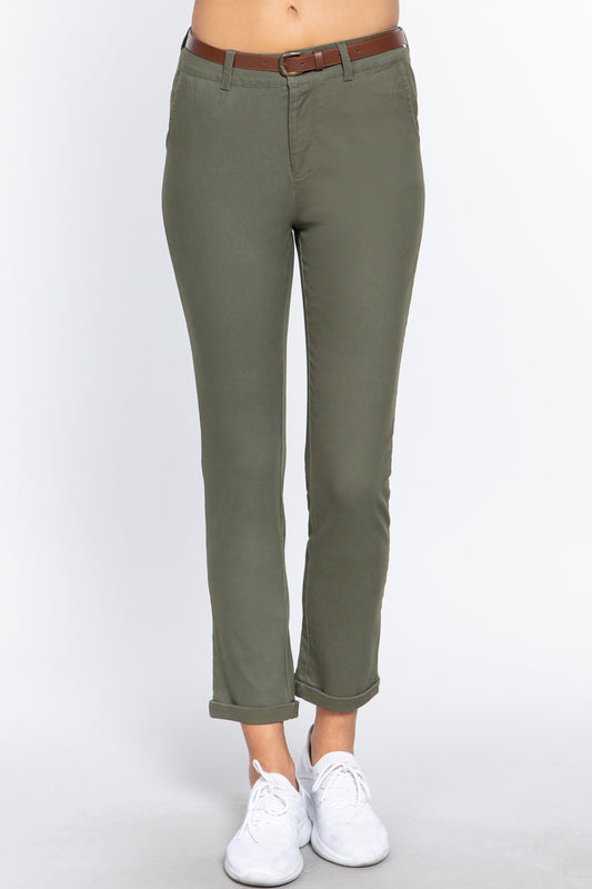 Green Cotton-span Twill Belted Long Pants - Tigbul's Variety Fashion Shop