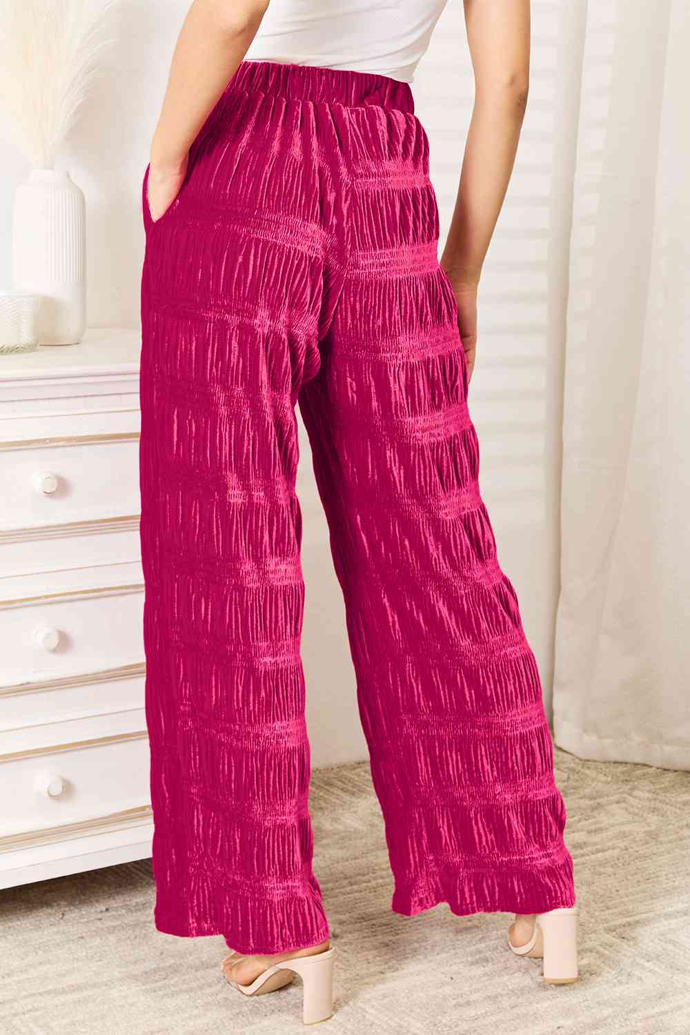 High Waist Tiered Shirring Velvet Wide Leg Pants - Tigbul's Variety Fashion Shop