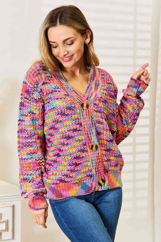 Pink Multicolor V-Neck Long Sleeve Cardigan - Tigbul's Variety Fashion Shop