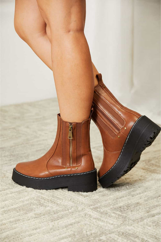 Chestnut Brown Side Zip Platform Boots - Tigbul's Variety Fashion Shop